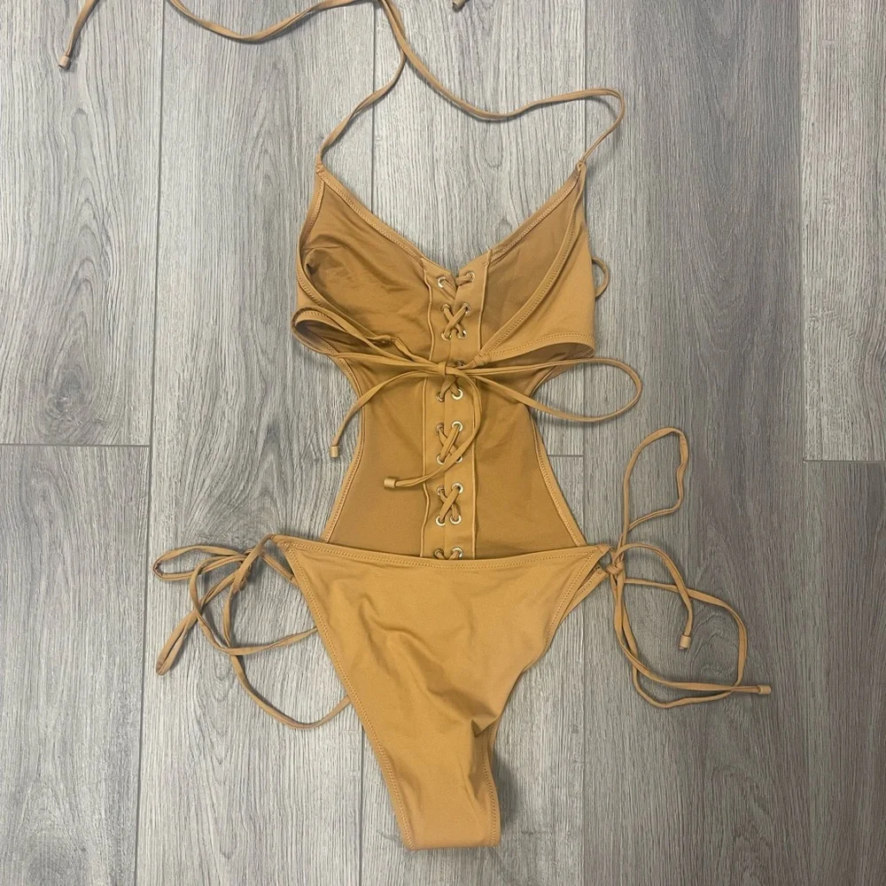 Women’s Tan Lace-Up One-Piece Swimsuit - Halter Tie